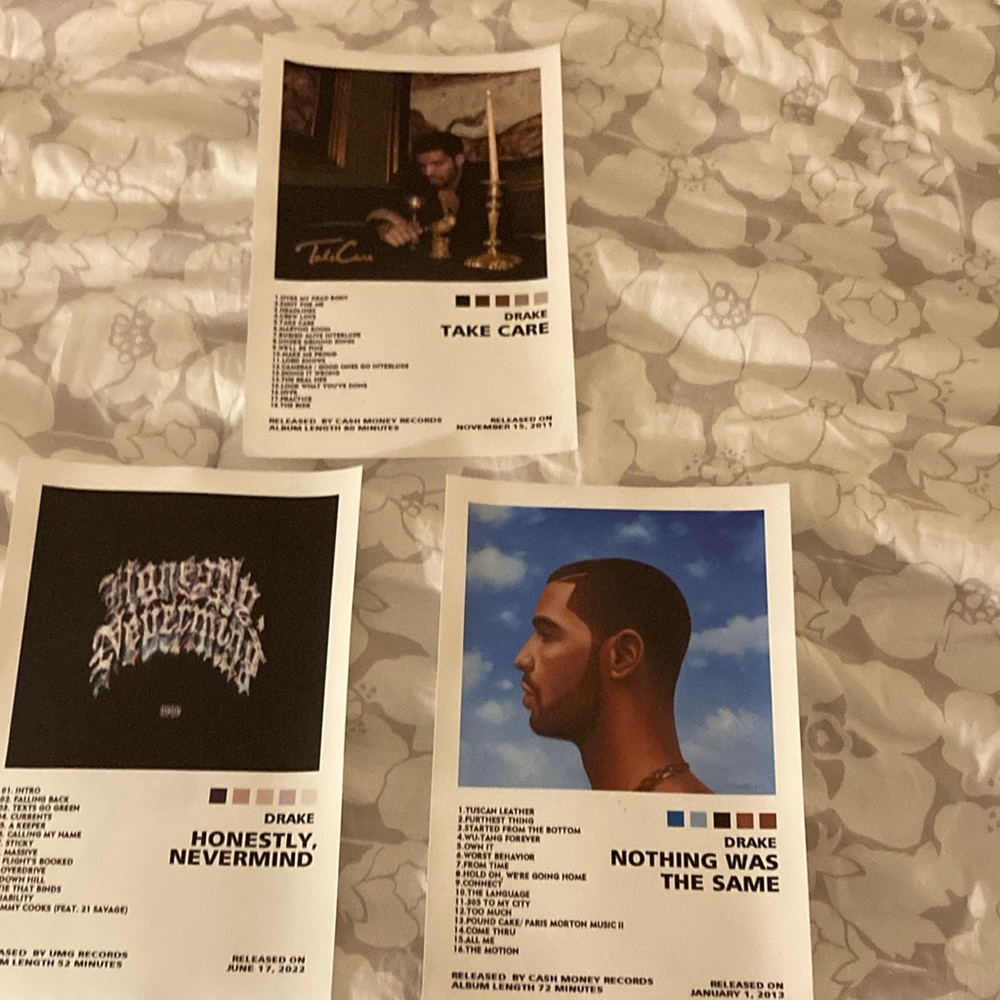 3 drake posters, “nothing was the same”, “take care”, “honestly never mind”